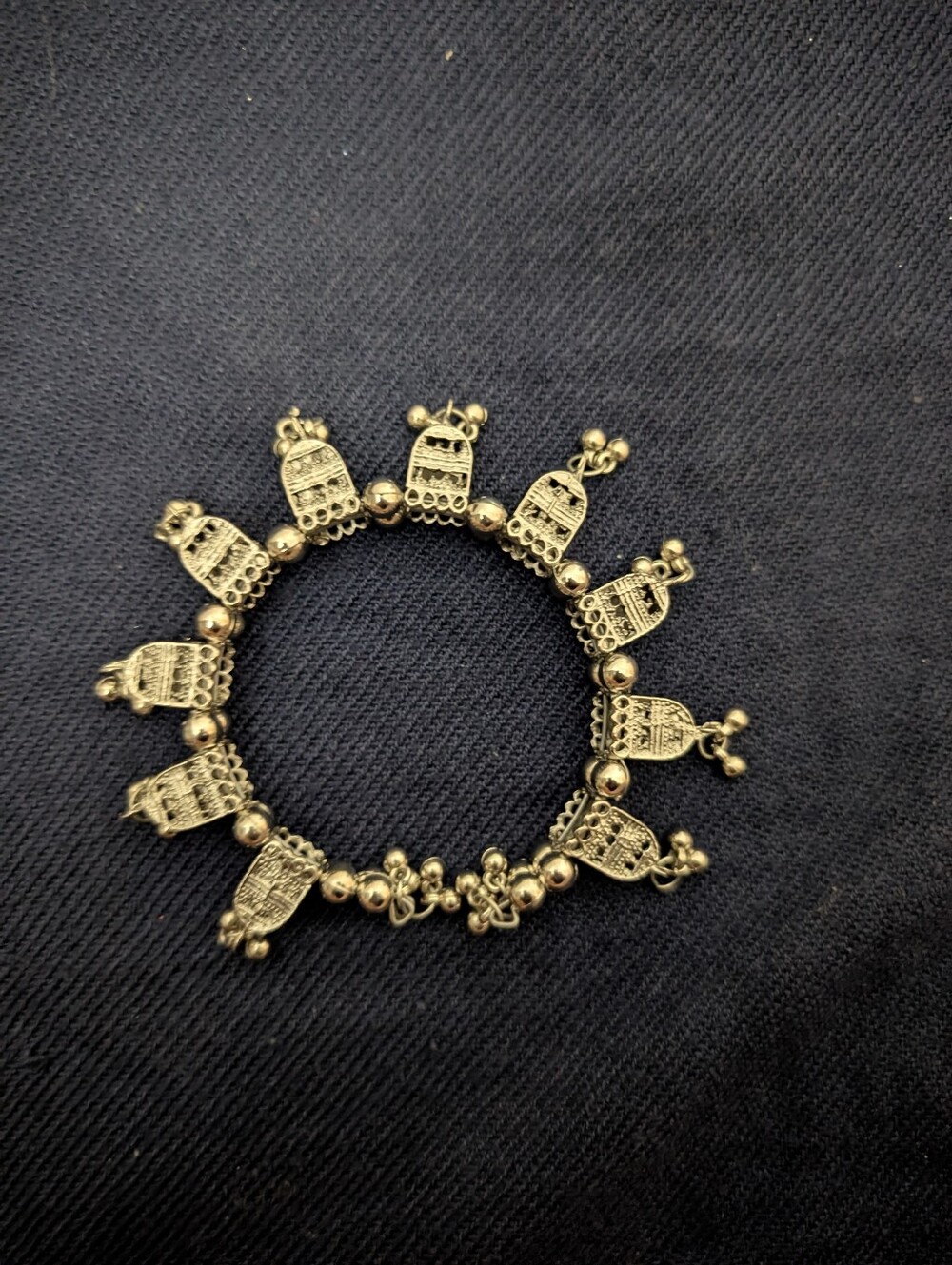 Tribal Boho Silver Jhumka Charm Stretch Bracelet | Oxidized Silver | Ethnic